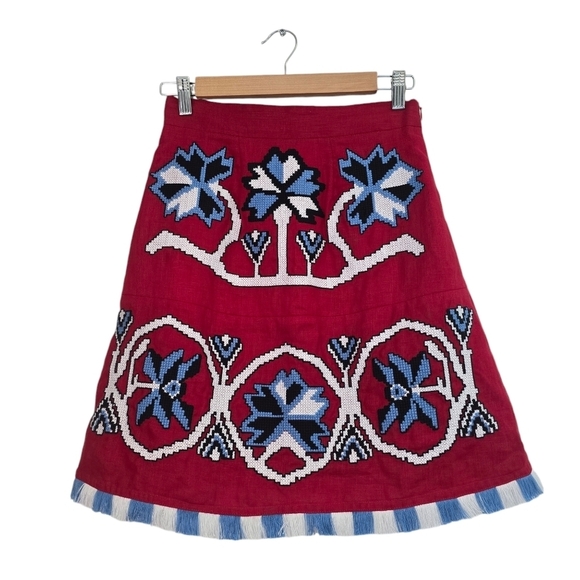 March 11 Aliona Red Blue White Embroidered Floral 100% linen Skirt - Picture 1 of 10